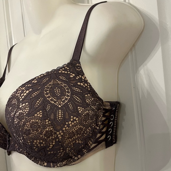 Victoria's Secret Very Sexy Push Up Lace Bra Gray & Rose Beige Underlay 34D SEXY - Picture 2 of 8